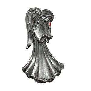 Vintage JJ Angel Brooch Silver Pewter Tone Red Rhinestone Crystal Candle Pin‎